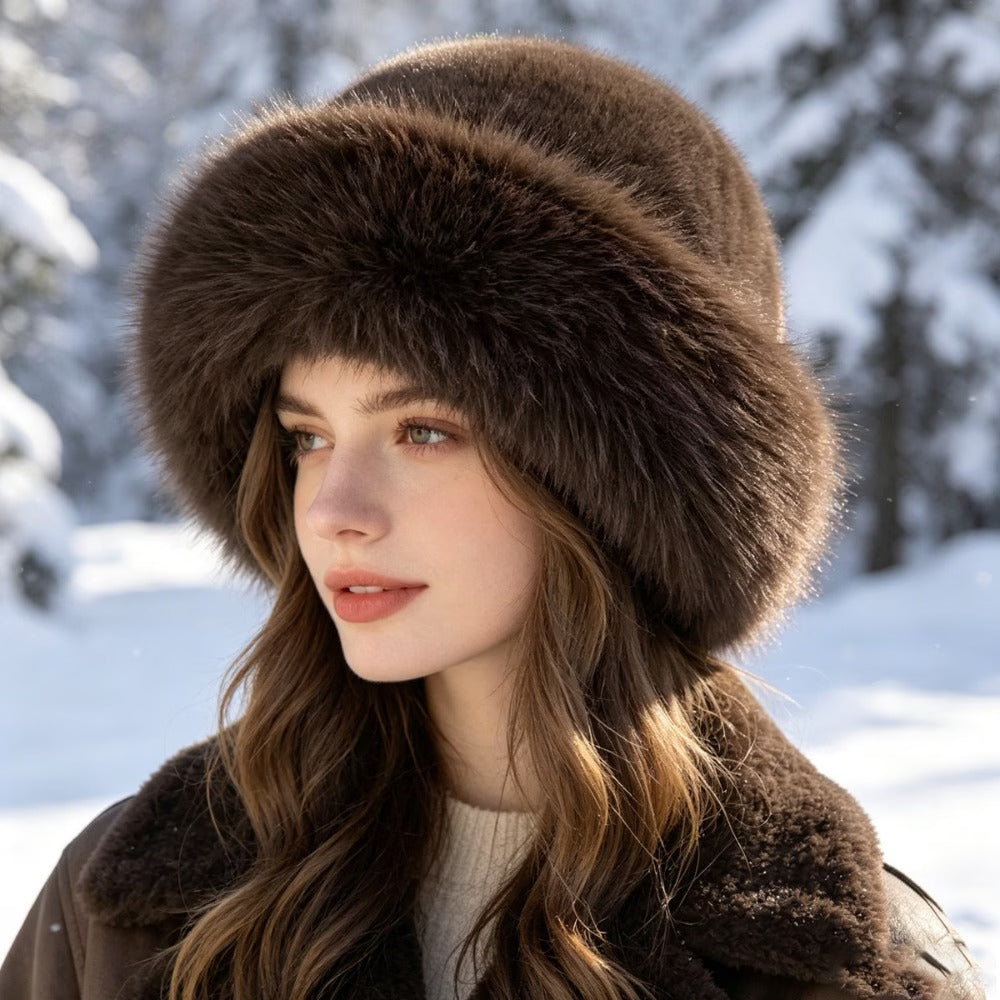 Bonnet en fourrure douce marron porté en hiver