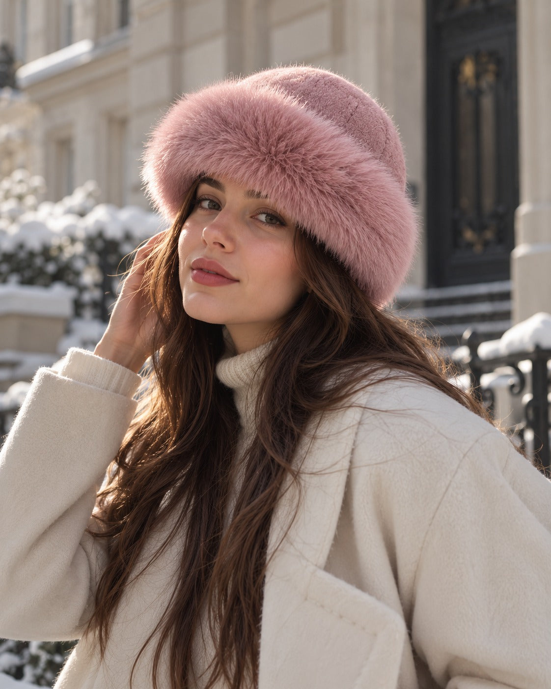 Bonnet en fourrure douce rose porté en hiver